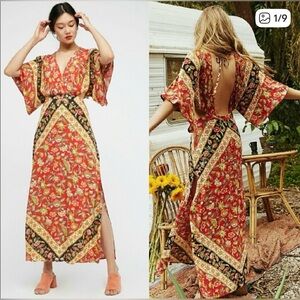 SPELL Lolita cut out dress. Bohemian Red Floral Maxi Dress with Open Back SMALL